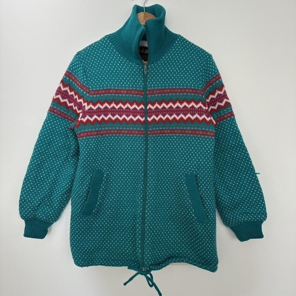 Retro Halelyjah Jacket Womens Large Teal Heart Sherpa Cozy Cabin Fair Isle Apres
